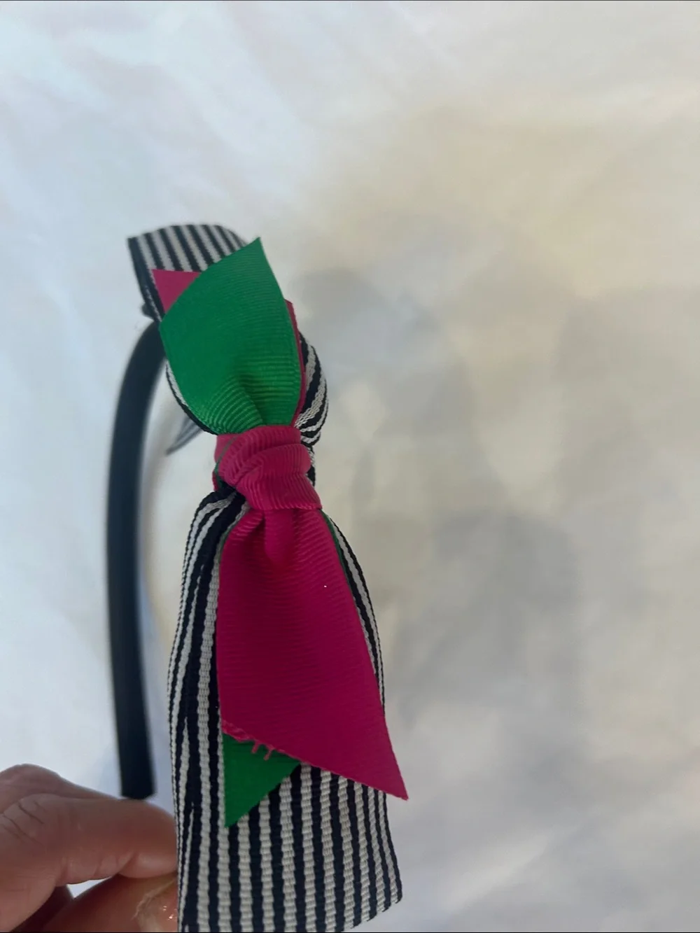 Gymboree Black Headband with Striped Bow and Pink & Green Ribbon